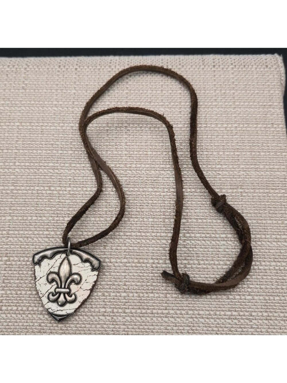 Sterling Silver Fleur-de-Lis Shield Pendant Necklace on Brown Cord B1580